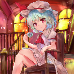 Rule 34 | 1girl, ascot, blue hair, blush, bow, candle, candlelight, candlestand, chair, closed mouth, collar, commentary request, crossed legs, cup, dress, frilled collar, frilled dress, frills, hat, highres, holding, holding cup, ikazuchi akira, indoors, legs, mob cap, no wings, on chair, pink dress, puffy short sleeves, puffy sleeves, red bow, red ribbon, remilia scarlet, ribbon, sash, short hair, short sleeves, sitting, smile, solo, stairs, teacup, touhou, window, wooden chair