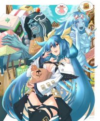 Rule 34 | 2girls, bag, blue hair, bread, dizzy (guilty gear), food, guilty gear, guilty gear xrd, hair ornament, highres, long hair, mariebell, multiple girls, necro (guilty gear), open mouth, paper bag, red eyes, twintails, undine (guilty gear), wings