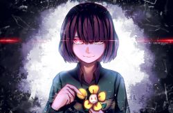 Rule 34 | androgynous, artist name, brown hair, chara (undertale), collared shirt, english text, evil smile, flower, flowey (undertale), gender request, glass shards, glowing, glowing eye, highres, neekochanii, pulling, red eyes, shirt, smile, spoilers, striped clothes, striped sweater, sweater, tearing up, undertale, upper body