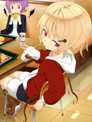 Rule 34 | 2girls, alternate costume, bat wings, blonde hair, boots, chair, contemporary, cup, drinking straw, fast food, flandre scarlet, food, french fries, hair ornament, hairclip, burger, highres, jacket, laevatein, long sleeves, looking at viewer, looking back, mantarou (shiawase no aoi tori), multiple girls, open clothes, open jacket, pointy ears, purple hair, red eyes, remilia scarlet, shirt, shorts, siblings, sisters, sitting, smile, table, tile floor, tiles, touhou, tray, wings
