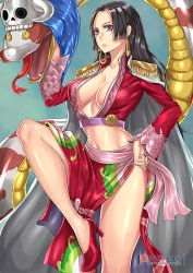 Rule 34 | 1girl, bare legs, black hair, blue background, boa hancock, breasts, center opening, cleavage, collarbone, commentary, cowboy shot, dress, earrings, epaulettes, giovanni zaccaria, hand on own hip, high heels, jewelry, long hair, medium breasts, midriff, navel, one piece, patreon username, purple eyes, red footwear, salome (one piece), sash, simple background, skull, snake, snake earrings, standing, standing on one leg