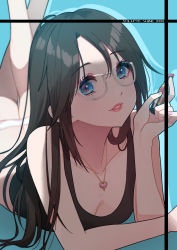 Rule 34 | 1girl, absurdres, bare legs, black camisole, black hair, blue background, blue eyes, blurry, breasts, butt crack, camisole, cleavage, collarbone, cosmetics, depth of field, glasses, heart pendant, highres, holding, holding lipstick tube, idolmaster, idolmaster shiny colors, jewelry, legs up, lipstick, lipstick tube, long hair, lying, makeup, maou (demonlord), mitsumine yuika, necklace, on stomach, panties, pendant, solo, underwear, white panties