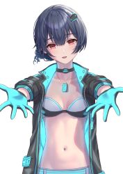 Rule 34 | 1girl, absurdres, black bra, black choker, black hair, black jacket, blue gloves, bra, breasts, choker, dog tags, gloves, hair ornament, highres, idolmaster, idolmaster shiny colors, jacket, long sleeves, looking at viewer, morino rinze, navel, open clothes, open jacket, outstretched arms, red eyes, short hair, simoumi 217, simple background, smile, solo, stomach, underwear, upper body, white background, white bra