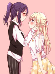Rule 34 | 2girls, bang dream!, black pants, black vest, blonde hair, commentary request, floral print, hair ribbon, half updo, hands on another&#039;s cheeks, hands on another&#039;s face, highres, jewelry, long hair, long sleeves, looking at another, multiple girls, nashieshina, necklace, orange ribbon, pants, pink background, pinstripe pants, pinstripe pattern, ponytail, print skirt, purple eyes, ribbon, seta kaoru, shirasagi chisato, shirt, short sleeves, sidelocks, simple background, skirt, sleeve ribbon, striped, sweatdrop, vest, white ribbon, white shirt, yellow skirt, yuri