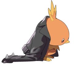 Rule 34 | bird, black jacket, borrowed clothes, cccwanko115, chick, creatures (company), from side, full body, game freak, gen 3 pokemon, jacket, long sleeves, looking ahead, nintendo, no humans, pokemon, pokemon (creature), sad, simple background, solo, spikes, standing, torchic, white background