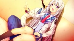 Rule 34 | 1girl, bed, breasts, game cg, harvest overray, legs, long hair, looking away, nironiro, open mouth, pointing, purple eyes, school uniform, sitting, skirt, small breasts, socks, thighs, usume shirou, white hair