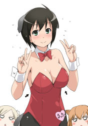 Rule 34 | &gt;:&lt;, 3girls, :&lt;, animal ears, arrow (symbol), black hair, blonde hair, blush, blush stickers, bow, bowtie, breast envy, breasts, cleavage, closed mouth, detached collar, dog ears, dog tail, double v, fernandia malvezzi, green eyes, jitome, large breasts, leotard, luciana mazzei, martina crespi, multiple girls, nontraditional playboy bunny, o o, orange hair, pantyhose, playboy bunny, short hair, smile, strike witches, strike witches: kurenai no majo-tachi, tail, triangle mouth, v, v-shaped eyebrows, world witches series, wrist cuffs, youkan
