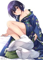 Rule 34 | 1girl, accidental exposure, black hair, blue kimono, blush, breasts, brown eyes, collarbone, commentary request, covering privates, covering ass, feet, floral print, foreshortening, highres, idolmaster, idolmaster shiny colors, japanese clothes, kimono, legs, looking at viewer, morino rinze, obi, on floor, parted lips, print kimono, sash, short hair, single bare shoulder, small breasts, socks, solo, tabi, takatsuki p, thighs, twitter username, white background, white socks