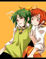 Rule 34 | 10s, 2girls, blush, closed eyes, green hair, hino akane (smile precure!), letterboxed, midorikawa nao, multiple girls, precure, red eyes, red hair, short hair, simple background, sleeves rolled up, smile precure!, tima