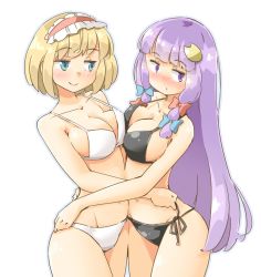 Rule 34 | 2girls, alice margatroid, arnest, asymmetrical docking, bare arms, bare shoulders, bikini, blonde hair, blue bow, blue eyes, blue outline, blush, bow, breast press, breasts, collarbone, commentary request, cowboy shot, crescent, crescent hair ornament, frilled hairband, frills, groin, hair bow, hair ornament, hairband, hug, jitome, large breasts, lolita hairband, long hair, looking at viewer, multiple girls, navel, no headwear, nose blush, outline, patchouli knowledge, purple eyes, purple hair, red bow, red hairband, short hair, sidelocks, simple background, smile, standing, stomach, strap gap, swimsuit, thighs, touhou, untying, very long hair, white background, white bikini, yuri