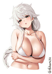 Rule 34 | 1girl, bare shoulders, bikini, blush, braid, braided ponytail, breasts, collarbone, cropped torso, crossed arms, ebifurya, highres, huge breasts, kantai collection, large breasts, long hair, looking at viewer, navel, one-hour drawing challenge, parted lips, simple background, skindentation, solo, strap gap, string bikini, swimsuit, twitter username, underboob, unryuu (kancolle), upper body, very long hair, white background, white bikini, white hair, yellow eyes