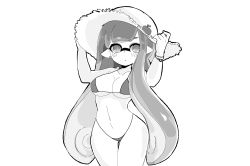 Rule 34 | 1girl, absurdres, apple, bikini, food, fruit, greyscale, hat, highres, inkling, inkling player character, monochrome, non-web source, simple background, solo, swimsuit