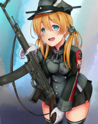 Rule 34 | 1girl, anchor, anchor hair ornament, aqua eyes, assault rifle, black skirt, blonde hair, cross, em s, gloves, gun, hair ornament, hat, highres, iron cross, kantai collection, low twintails, microskirt, military, military hat, military uniform, open mouth, peaked cap, prinz eugen (kancolle), rifle, skindentation, skirt, smile, solo, stg44, thighhighs, twintails, uniform, weapon, white gloves