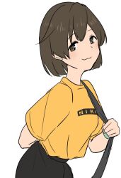 Rule 34 | 1girl, :3, arm behind back, black skirt, brown eyes, brown hair, clothes writing, hiryuu (kancolle), iwana, kantai collection, leaning forward, official alternate costume, shirt, short hair, simple background, skirt, smile, solo, strap, t-shirt, white background, yellow shirt