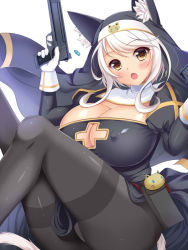 Rule 34 | 1girl, animal ears, black pantyhose, blush, breasts, bullet, cat ears, cat tail, character request, cleavage, cleavage cutout, clothing cutout, covered erect nipples, cross, fang, gun, handgun, holding, holding gun, holding pistol, holding weapon, inma kourin devil carnival, large breasts, long hair, looking at viewer, nun, open mouth, pantyhose, pistol, seta (monyun), solo, tail, thighband pantyhose, weapon, white hair, yellow eyes