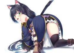 Rule 34 | 1girl, :d, all fours, animal ear fluff, animal ears, black panties, black thighhighs, blue sleeves, blush, bridal garter, cat ears, cat girl, cat tail, detached sleeves, fang, from behind, grey eyes, highres, karyl (princess connect!), layered skirt, long sleeves, looking at viewer, looking back, miniskirt, miso (misomiso 154), open mouth, panties, princess connect!, simple background, skirt, smile, solo, swept bangs, tail, thigh strap, thighhighs, underwear, white background, zettai ryouiki
