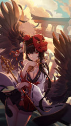 Rule 34 | 1girl, alternate costume, alternate hair length, alternate hairstyle, bare shoulders, black hair, black skirt, black wings, blackcat enjia, blue sky, breasts, cleavage, cloud, commentary request, cowboy shot, day, feathered wings, feathers, hand up, hat, highres, holding, japanese clothes, kimono, kourindou tengu costume, long hair, long sleeves, looking at viewer, mask, mask on head, medium breasts, miniskirt, mole, mole under eye, off shoulder, pleated skirt, pom pom (clothes), red eyes, ribbon-trimmed sleeves, ribbon trim, shakujou, shameimaru aya, skirt, sky, solo, staff, standing, tassel, tengu mask, thighs, tokin hat, torii, touhou, very long hair, white kimono, wide sleeves, wings