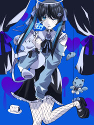 Rule 34 | 1girl, absurdres, ado (utaite), black bow, black bowtie, black hair, black skirt, blue background, blue eyes, blue hair, blue nails, blue shirt, blush, bow, bowtie, chando (ado), clothing cutout, cloud nine inc, commentary, darling dance (vocaloid), finger heart, fishnet pantyhose, fishnets, flower brooch, frilled skirt, frills, halo, heart, heart-shaped pupils, highres, jirai kei, long hair, long sleeves, mole, mole under eye, multicolored hair, nail polish, one eye closed, open mouth, pantyhose, shirt, shoulder cutout, skirt, sleeves past wrists, solo, spica (spica5f9ea0), standing, standing on one leg, stuffed animal, stuffed toy, symbol-shaped pupils, teddy bear, twintails, twitter username, two-tone hair, utaite