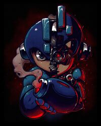 Rule 34 | 1boy, android, arm cannon, blue eyes, bruno mota, commentary, english commentary, helmet, highres, horror (theme), looking at viewer, male focus, mega man (character), mega man (series), robot, robot ears, science fiction, simple background, smoke, solo, upper body, weapon
