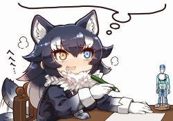 Rule 34 | 10s, 1girl, afterimage, animal ears, black hair, blue eyes, blush, fang, fur collar, gloves, grey wolf (kemono friends), heterochromia, kemono friends, long hair, lucky beast (kemono friends), motion lines, multicolored hair, necktie, open mouth, pencil, saliva, smile, solo, tail, tail wagging, tanaka kusao, thought bubble, two-tone hair, white background, wolf ears, wolf tail, yellow eyes