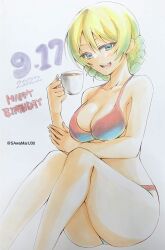 Rule 34 | 1girl, bikini, blonde hair, blue eyes, braid, breasts, cleavage, commentary, cup, darjeeling (girls und panzer), dated, english text, girls und panzer, halterneck, highres, holding, holding cup, medium breasts, open mouth, red bikini, sawamaru30, short hair, sitting, smile, solo, swimsuit, teacup, traditional media, twin braids, twitter username