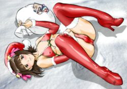 Rule 34 | 1girl, abs, amami haruka, bikini, blush, boots, breasts, brown eyes, brown hair, cameltoe, cleft of venus, commentary, covered erect nipples, damaged, detached sleeves, dvd (object), dvd case, front-tie top, full body, fur-trimmed bikini top, fur-trimmed boots, fur-trimmed headwear, fur-trimmed sleeves, fur trim, hair ornament, hair ribbon, hand on own stomach, hat, high heel boots, high heels, holding, holding sack, idolmaster, idolmaster (classic), knees up, looking at viewer, lying, on back, parted lips, pink ribbon, pom pom (clothes), red bikini, red footwear, red hat, ribbon, sack, santa hat, shoes, short hair, small breasts, smile, solo, spread legs, star (symbol), swimsuit, thigh boots, thighhighs, torn bag, umedama nabu, underboob