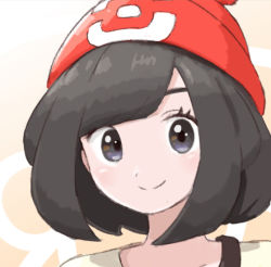 Rule 34 | 1girl, aberu (ycrr3542), beanie, black hair, blouse, closed mouth, commentary request, creatures (company), eyelashes, game freak, grey eyes, hat, looking at viewer, nintendo, pokemon, pokemon sm, portrait, red hat, selene (pokemon), shirt, short hair, smile, solo, split mouth, strap, yellow shirt