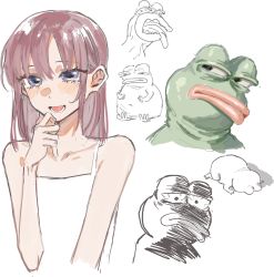 Rule 34 | 1girl, :d, bad id, bad twitter id, bare shoulders, blue eyes, blush, boy&#039;s club, brown hair, commentary, dress, english commentary, hand up, highres, medium hair, open mouth, original, pepe the frog, simple background, sketch, smile, tsu (lovesick1964), white background, white dress