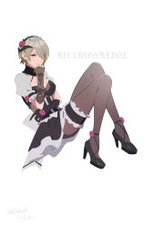 Rule 34 | 1girl, absurdres, artist name, black dress, black footwear, black gloves, black pantyhose, breasts, brown hair, character name, cleavage, closed mouth, dress, flower, frilled dress, frills, full body, gloves, hair over one eye, high heels, highres, honkai (series), honkai impact 3rd, looking at viewer, maid, maid headdress, medium breasts, mole, mole under eye, pantyhose, purple eyes, purple flower, purple rose, rita rossweisse, rita rossweisse (umbral rose), rose, short hair, simple background, solo, white background, zunda kaku