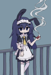 Rule 34 | 1girl, against railing, animal ears, apron, black dress, blue background, blue eyes, blue hair, buttons, closed mouth, dress, feet out of frame, frilled apron, frilled wrist cuffs, frills, hair between eyes, hand up, holding, holding smoking pipe, kanikan, long hair, looking at viewer, maid headdress, necktie, original, over-kneehighs, rabbit ears, railing, short dress, short sleeves, smoke, smoking, smoking pipe, solo, standing, thighhighs, waist apron, white apron, white thighhighs, wrist cuffs, yellow necktie