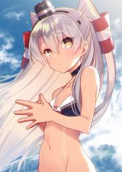Rule 34 | 1girl, amatsukaze (kancolle), bikini, bikini top only, black bikini, black choker, blue sky, breasts, choker, cloud, collarbone, commentary request, cowboy shot, day, fingers together, groin, hair tubes, hat, highres, kantai collection, long hair, looking at viewer, mini hat, navel, silver hair, sky, small breasts, solo, swimsuit, tahya, two side up