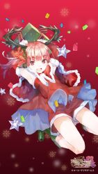 Rule 34 | 1girl, :d, antlers, armpits, arms up, atelier (series), atelier lydie &amp; suelle, blunt bangs, boots, capelet, christmas, christmas present, commentary, company name, confetti, copyright name, copyright notice, detached sleeves, dress, eyes visible through hair, flat chest, full body, fur-trimmed capelet, fur-trimmed dress, fur-trimmed sleeves, fur trim, gift, gradient background, green footwear, hair between eyes, hair ribbon, head wreath, highres, horns, knee boots, legs folded, logo, looking at viewer, lydie marlen, official art, open mouth, red background, red capelet, red dress, red eyes, red hair, red ribbon, red shorts, red sleeves, reindeer antlers, ribbon, santa costume, short shorts, shorts, side ponytail, smile, snowflake background, snowflakes, solo, star ornament, strapless, strapless dress, striped ribbon, two-sided dress, two-sided fabric, two-tone ribbon, yellow ribbon, yuugen