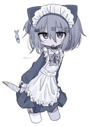 Rule 34 | 1girl, apron, artist name, black dress, bow, bowtie, dress, grey hair, hair between eyes, hair ornament, holding, holding knife, kanikan, knife, long sleeves, maid headdress, original, purple bow, purple bowtie, purple eyes, short hair, simple background, solo, tongue, tongue out, white background