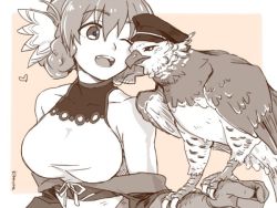 Rule 34 | 1girl, ainu clothes, animal ears, aquaplus, bare shoulders, beak, bird, bird on hand, braid, breasts, collarbone, covered collarbone, feathered wings, feathers, greyscale, hair between eyes, hat, kitarune, large breasts, leotard, leotard under clothes, long sleeves, looking at another, monochrome, nose, nosuri, off shoulder, one eye closed, open mouth, raised eyebrows, sidelocks, signature, sleeveless, taut clothes, taut leotard, teeth, tongue, upper body, utawarerumono, utawarerumono: itsuwari no kamen, wings
