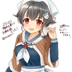 Rule 34 | bandana, beige background, black hair, blue sailor collar, blue serafuku, breasts, brown shawl, cocoperino, commentary request, hair flaps, hair ornament, hairclip, headgear, jingei (kancolle), kantai collection, large breasts, long hair, looking at viewer, neckerchief, red eyes, sailor collar, sailor shirt, school uniform, serafuku, shawl, shirt, simple background, smile, solo, translation request, upper body, white background, white neckerchief