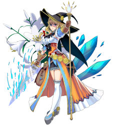 Rule 34 | 1girl, arm at side, ascot, bag, bag charm, belt, black hat, blonde hair, blue eyes, book, bow, breasts, brooch, brown gloves, buttons, cape, charm (object), coin (ornament), crescent, detached sleeves, dual wielding, fantasy, flower, frilled thighhighs, frills, full body, glasses, gloves, glowing, grey footwear, hair bow, hat, highres, holding, holding staff, holding weapon, ice, jewelry, kouno (masao), large breasts, lily (flower), lips, long hair, looking at viewer, miniskirt, original, outstretched arm, over-kneehighs, parted lips, platform footwear, red bow, rimless eyewear, shade, shoes, sideboob, skirt, solo, staff, standing, thighhighs, underbust, waist cape, weapon, white background, white flower, white thighhighs, witch hat