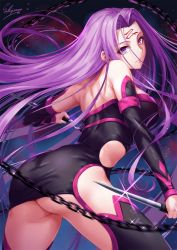 Rule 34 | 1girl, artist name, ass, back, bare shoulders, black dress, black thighhighs, breasts, chain, commentary request, dagger, detached sleeves, dress, facial mark, fate/stay night, fate (series), forehead mark, highres, knife, large breasts, long hair, looking at viewer, looking back, medusa (fate), medusa (rider) (fate), medusa (rider) (third ascension) (fate), purple eyes, purple hair, sakiyamama, short dress, signature, solo, strapless, strapless dress, thighhighs, thighs, very long hair, weapon