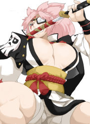 Rule 34 | 1girl, amputee, baiken, bandages, breasts, cum, eyepatch, facial, facial mark, guilty gear, guilty gear xrd, highres, japanese clothes, katana, kimono, large breasts, looking at viewer, looking down, mouth hold, no bra, open clothes, pink hair, ponytail, red eyes, rope, rope belt, ryu3224, sheath, skull print, solo, sword, thighs, weapon