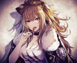 Rule 34 | 1girl, animal ear fluff, animal ears, arknights, black choker, black jacket, black nails, blonde hair, breasts, candy, choker, cleavage, fang, fingernails, food, fur-trimmed jacket, fur trim, holding, holding food, jacket, large breasts, licking, lion ears, lollipop, long hair, minyom, nail polish, open clothes, open jacket, open mouth, ponytail, siege (arknights), solo, studded choker, tank top, tongue, tongue out, upper body, yellow eyes