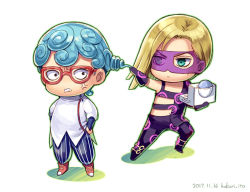 Rule 34 | anger vein, baby face (stand), bad id, bad pixiv id, blonde hair, blue eyes, blue hair, chibi, clothing cutout, curly hair, domino mask, dyresbroom, ghiaccio, glasses, gloves, grabbing another&#039;s hair, jojo no kimyou na bouken, long hair, male focus, mask, melone, pants, red-framed eyewear, single bare shoulder, striped clothes, striped pants, vertical-striped clothes, vertical-striped pants