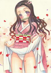 1girl bamboo bit_gag brown_hair cameltoe checkered_sash clothes_lift falling_petals gag gluteal_fold gradient_hair hair_ribbon japanese_clothes kamado_nezuko kimetsu_no_yaiba kimono kimono_lift lifting_own_clothes long_hair multicolored_hair panties petals pink_kimono pink_ribbon ribbon solo tomoeri traditional_media underwear white_panties