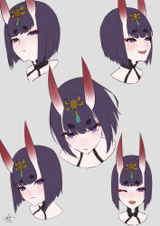 Rule 34 | 1girl, bare shoulders, eyeliner, fate/grand order, fate (series), headpiece, highres, horns, izanaware game, looking at viewer, makeup, multiple views, oni, open mouth, purple eyes, purple hair, short hair, shuten douji (fate), skin-covered horns, smile