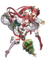 Rule 34 | 2girls, alternate costume, animal ears, antlers, apple, armor, bare shoulders, boots, chachie, christmas ornaments, cordelia (fire emblem), cordelia (winter) (fire emblem), deer antlers, deer ears, fake animal ears, fake horns, female focus, fire emblem, fire emblem awakening, fire emblem fates, fire emblem heroes, food, fruit, full body, fur-trimmed gloves, fur trim, garter straps, gloves, gold trim, highres, holding, holding food, horns, leg up, long hair, looking away, matching hair/eyes, mother and daughter, multiple girls, nintendo, non-web source, official alternate costume, official art, red eyes, red gloves, red hair, selena (fire emblem fates), skirt, sleeveless, thigh boots, thighhighs, transparent background, twintails, zettai ryouiki