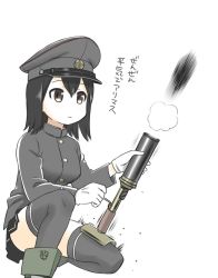 Rule 34 | 1girl, akitsu maru (kancolle), ammunition, black hair, black skirt, black thighhighs, breasts, closed mouth, ebifly, firing, gloves, grenade launcher, grey hat, hair between eyes, hat, kantai collection, long hair, long sleeves, military, military uniform, mortar (weapon), peaked cap, pleated skirt, shell (projectile), simple background, skirt, solo, thighhighs, translation request, type 89 grenade discharger, uniform, weapon, white background, white gloves