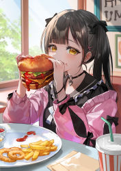 Rule 34 | 1girl, bendy straw, black bow, black choker, black hair, black sailor collar, black shirt, bow, burger, choker, commentary request, cup, disposable cup, drinking straw, food, food on face, french fries, frilled sailor collar, frills, hair bow, hair ornament, hairclip, heart o-ring, highres, holding, holding food, jacket, ketchup, long hair, nail polish, nima (niru54), off shoulder, onion rings, open clothes, open jacket, original, pink jacket, red nails, sailor collar, school uniform, serafuku, shirt, solo, twintails, upper body, white bow, window, x hair ornament
