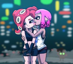 Rule 34 | 2girls, bad id, bad twitter id, bare shoulders, between breasts, bike shorts, blush, breasts, closed mouth, crop top, dark-skinned female, dark skin, elbow gloves, fang, fingerless gloves, gloves, green eyes, hand on another&#039;s face, hand on another&#039;s shoulder, inkling, inkling girl, inkling player character, licking, licking another&#039;s face, looking away, midriff, multiple girls, navel, nintendo, octoling, own hands together, pink eyes, pink hair, pointy ears, red hair, saliva, short hair, sideboob, smile, splatoon (series), splatoon 2, standing, sweatdrop, takamame, takozonesu, tank top, tentacle hair, thick eyebrows, tongue, tongue out, wavy mouth, yuri