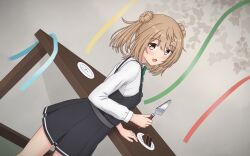 Rule 34 | 1girl, black dress, brown eyes, cake, cake slice, cake slicer, collared shirt, commentary, cowboy shot, double bun, dress, dress shirt, dutch angle, english commentary, food, from behind, hair bun, highres, kantai collection, konato k, light brown hair, long hair, looking at viewer, looking back, michishio (kancolle), michishio kai ni (kancolle), mixed-language commentary, pinafore dress, shirt, short twintails, sleeveless dress, solo, standing, table, twintails, white shirt