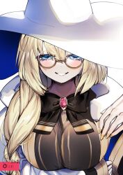 Rule 34 | 1girl, black bow, black bowtie, blonde hair, blue eyes, blush, bow, bowtie, braid, breasts, fate/grand order, fate (series), glasses, hair over shoulder, hat, highres, large breasts, long hair, looking at viewer, mitisu u, robe, round eyewear, signature, single braid, smile, solo, aesc (fate), two-tone headwear, upper body, white hat, wide sleeves, witch hat