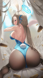 Rule 34 | 1girl, absurdres, animal ears, ass, asuna (blue archive), asuna (bunny) (blue archive), backless leotard, black pantyhose, blue archive, blue eyes, blue halo, blue leotard, blush, breasts, elsynien, fake animal ears, fake tail, hair over one eye, halo, highres, large breasts, leotard, light brown hair, long hair, looking at viewer, official alternate costume, open mouth, pantyhose, playboy bunny, sideboob, smile, solo, tail