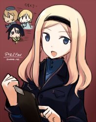 Rule 34 | 10s, 4girls, 502nd joint fighter wing, :d, aleksandra i. pokryshkin, blonde hair, blue eyes, brave witches, clipboard, hairband, holding, kanno naoe, kinosaki (green patio), long hair, long sleeves, military, military uniform, multiple girls, nikka edvardine katajainen, open mouth, red background, smile, solo focus, strike witches, uniform, upper body, waltrud krupinski, world witches series, | |